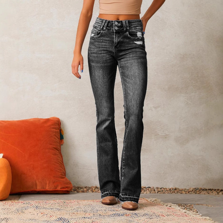 Damen High-Waist Bootcut Jeans Distressed Dunkelblau