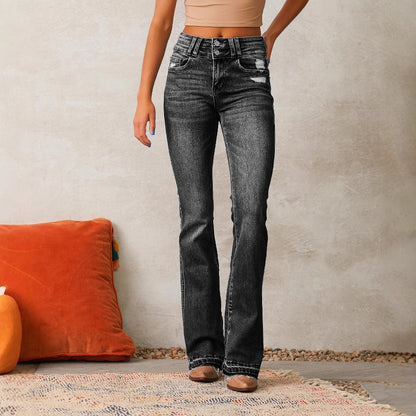 Damen High-Waist Bootcut Jeans Distressed Dunkelblau