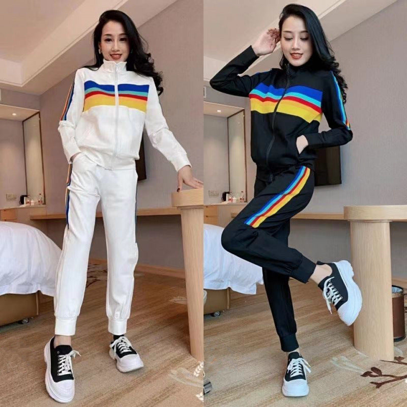 Damen Sportliches Freizeit-Set mit hohem Kragen und bunten Streifen - Norvielle
