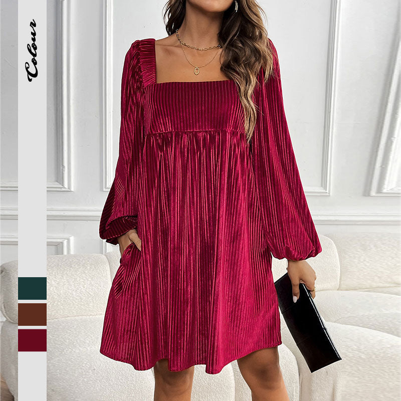 Damen Oversized Kleid Cordstoff Rüschendetail Anthrazit - Norvielle