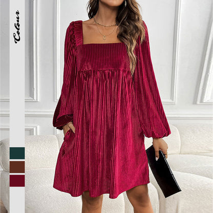 Damen Oversized Kleid Cordstoff Rüschendetail Anthrazit - Norvielle