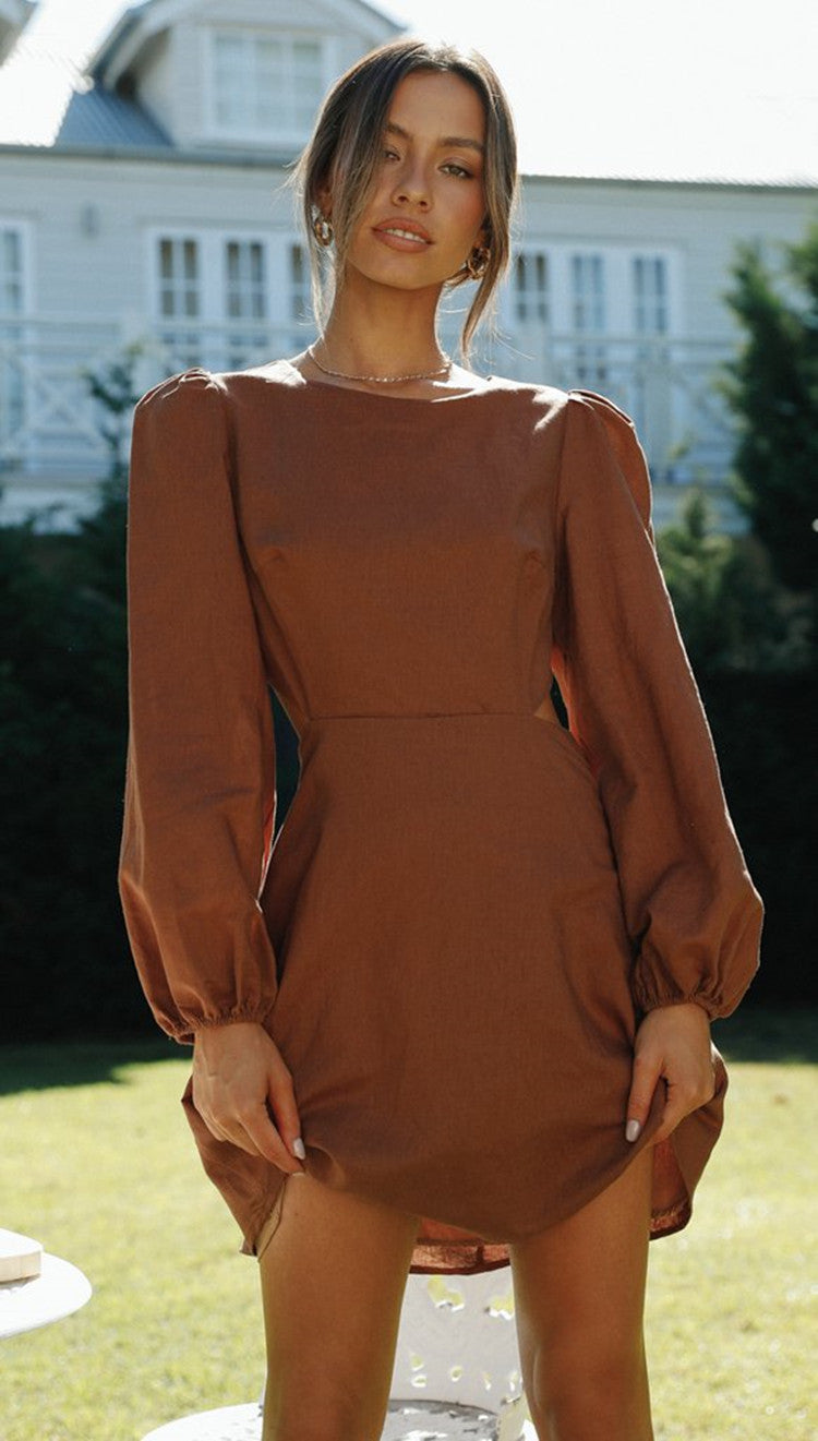 Damen Minikleid mit Polka-Dots und Voluminösen Ärmeln Tailliert
