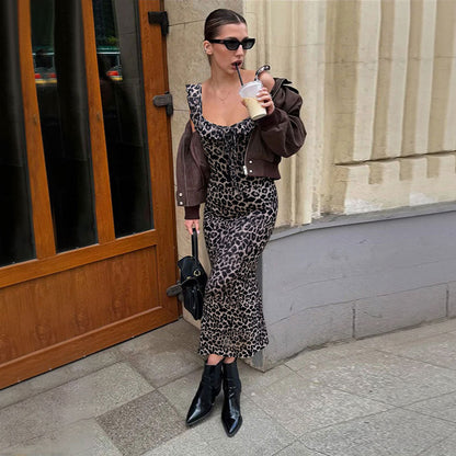 Damen Maxikleid Leopardenmuster V-Ausschnitt