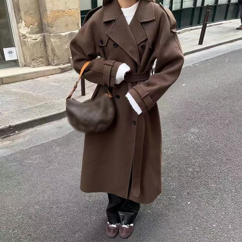 Damen Long-Trenchcoat aus Norvielle mit Stehkragen und Struktur
