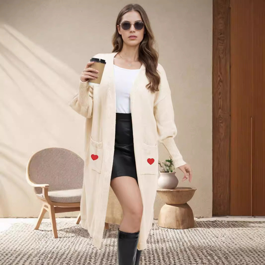 Damen Langarm Strickjacke Herzen Offene Taschen Norvielle - Norvielle