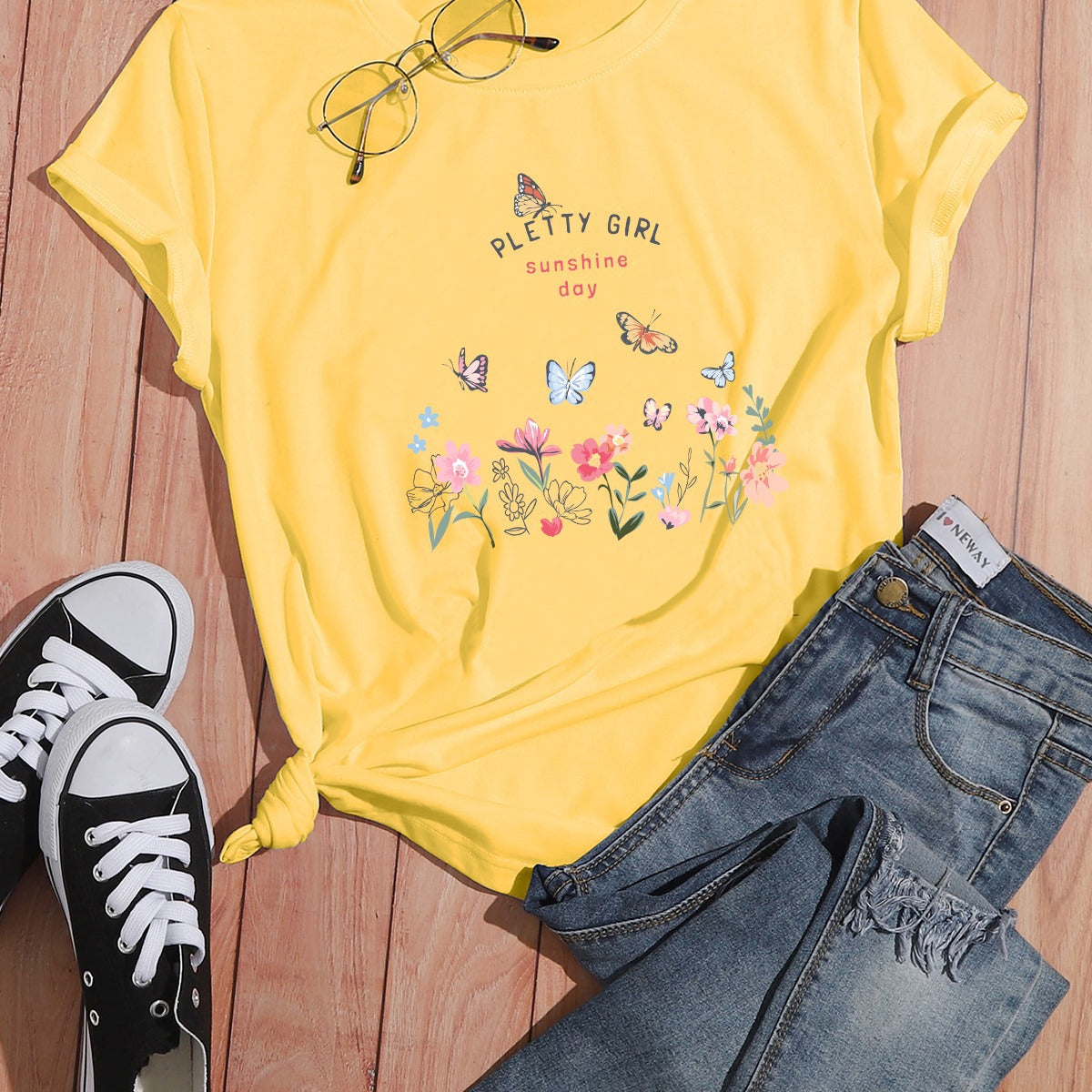 Damen T-Shirt Blumendruck Weiß