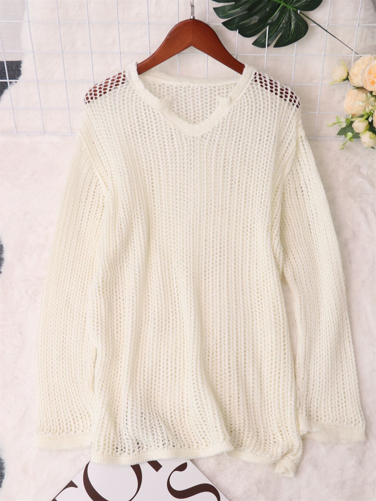 Damen Strickpullover Luftiger Mesh-Strick Modernes Design Beige