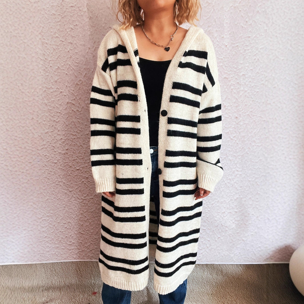 Damen Strickcardigan Hochgeschlossener Kragen Streifenmuster Beige