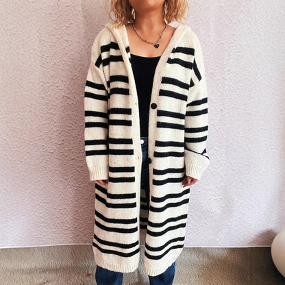 Damen Strickcardigan Hochgeschlossener Kragen Streifenmuster Beige
