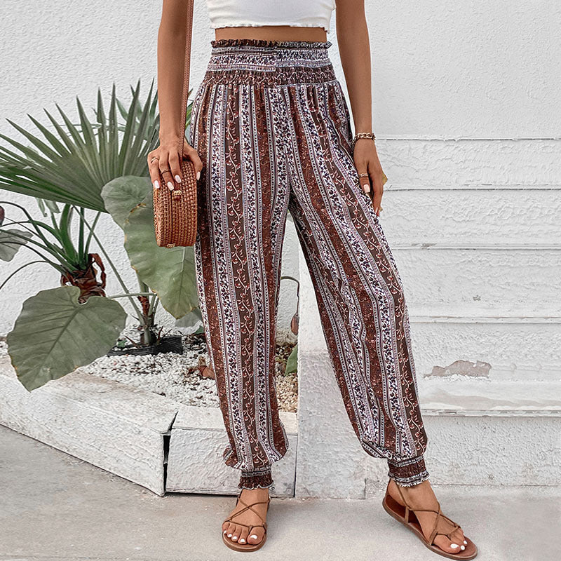 Damen Haremshose Elastischer Bund Bunter Ethnodruck