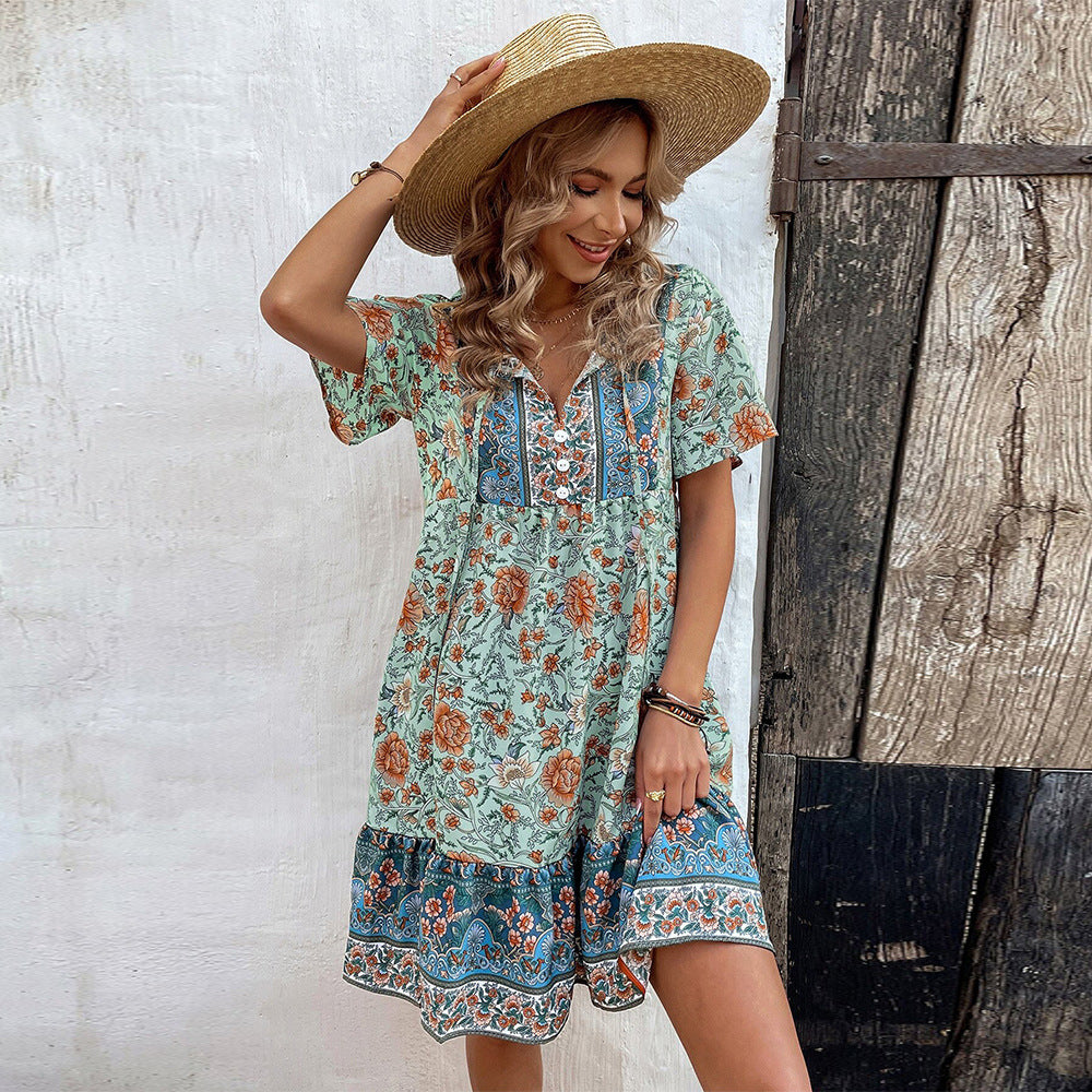 Damen Blumenkleid Sommer Rüschensaum Knöpfe Norvielle - Norvielle