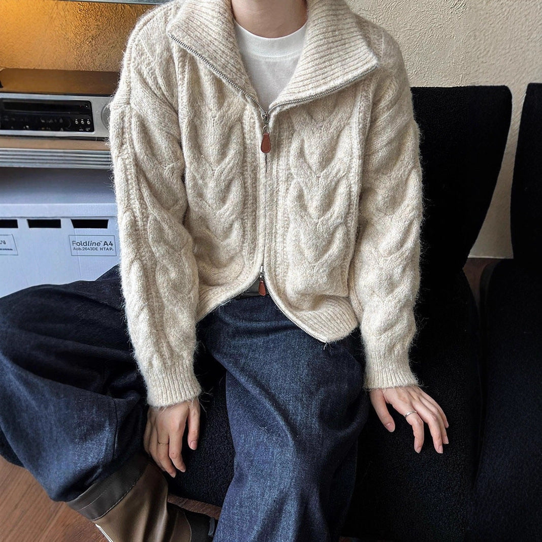 Damen Grobstrickjacke Stehkragen Zopfmuster dunkelblau - Norvielle