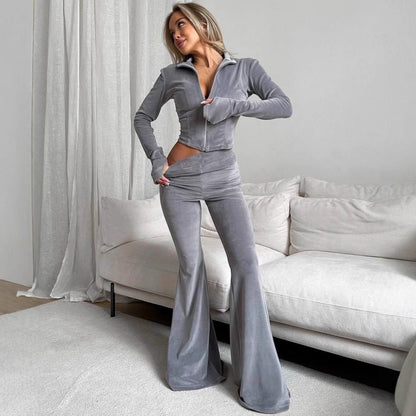 Damen Fleece Jogginganzug Reißverschluss Ausgestellte Beine Norvielle
