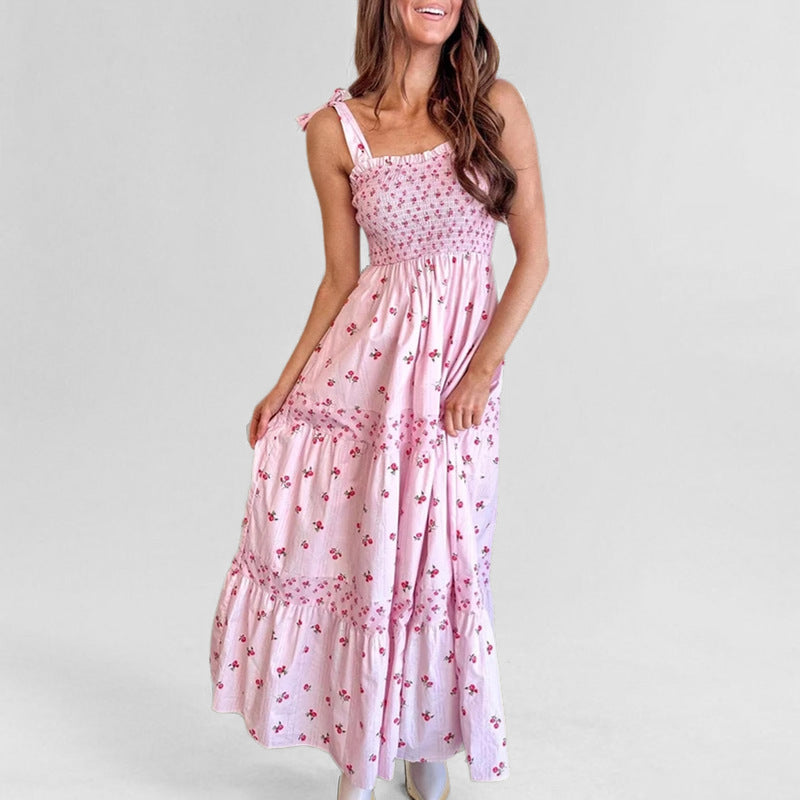 Damen Maxikleid mit Smocking-Oberteil und Blumenmuster