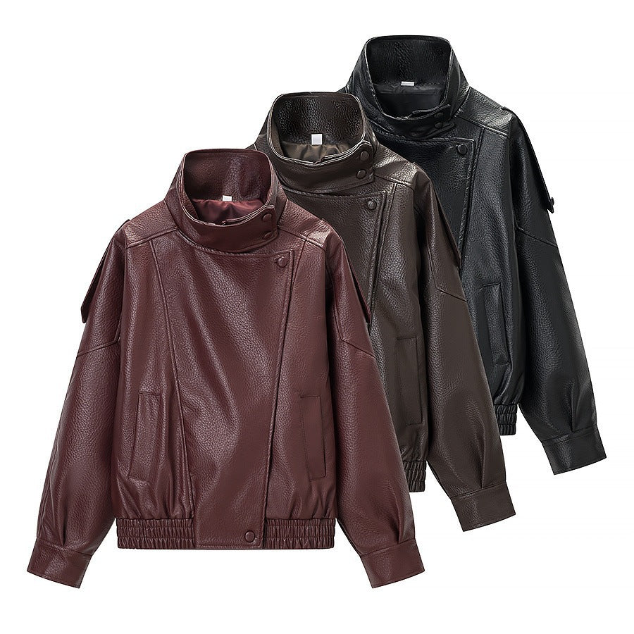 Damen Kunstlederjacke Hochkragen Praktische Taschen