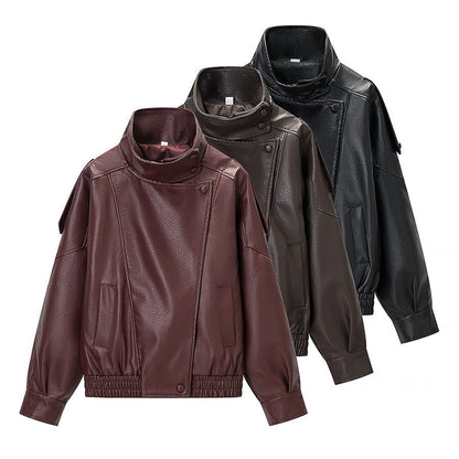 Damen Kunstlederjacke Hochkragen Praktische Taschen