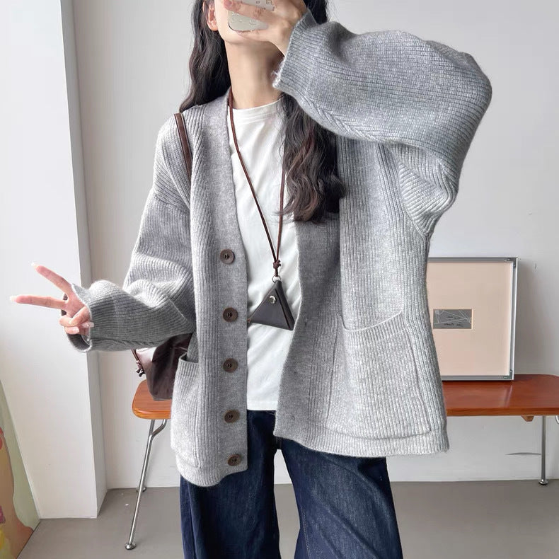 Damen Strickjacke Große Taschen Knöpfe Beige - Norvielle