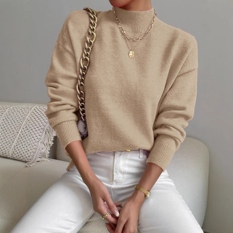 Damen Pullover Weiches Material Hochkragen Beige