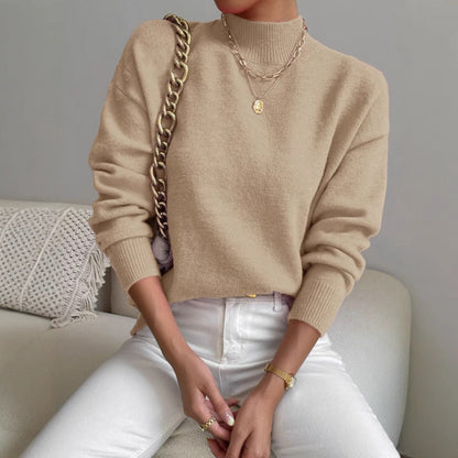 Damen Pullover Weiches Material Hochkragen Beige