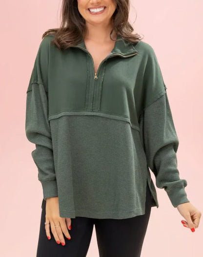 Damen Pullover Halb-Reißverschluss Voluminöse Ärmel Norvielle