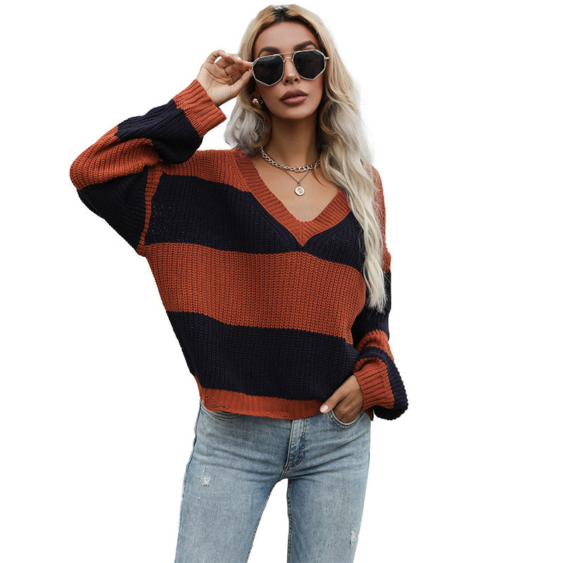 Damen Oversized Strickpullover V-Ausschnitt Blockstreifen Norvielle