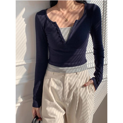 Damen Langärmliges Baumwollshirt Mit Knöpfen Weiß