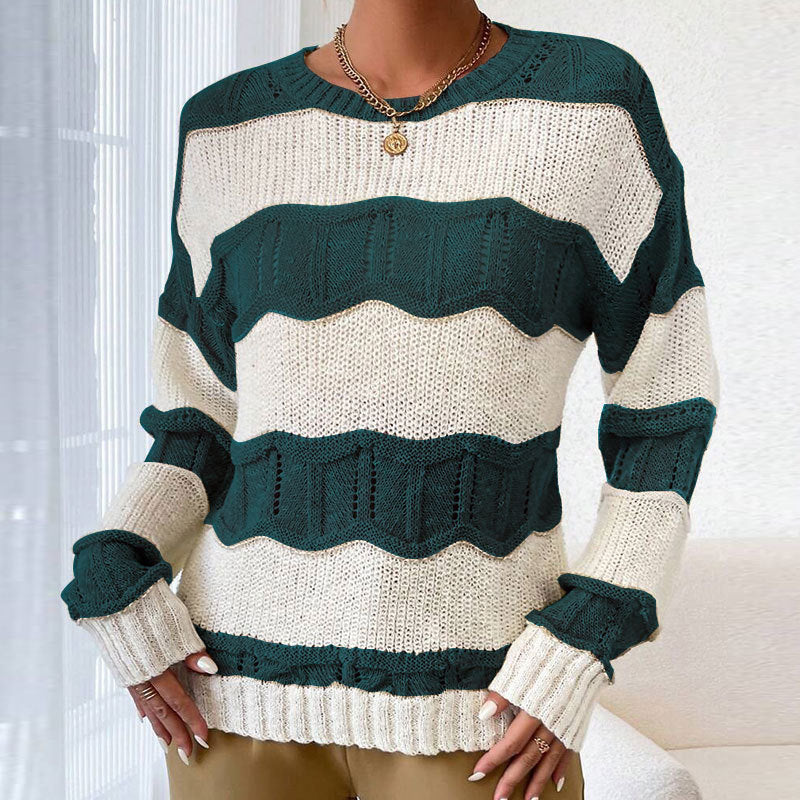 Damen Strickpullover Lässig Wellenmuster Langer Ärmel Beige