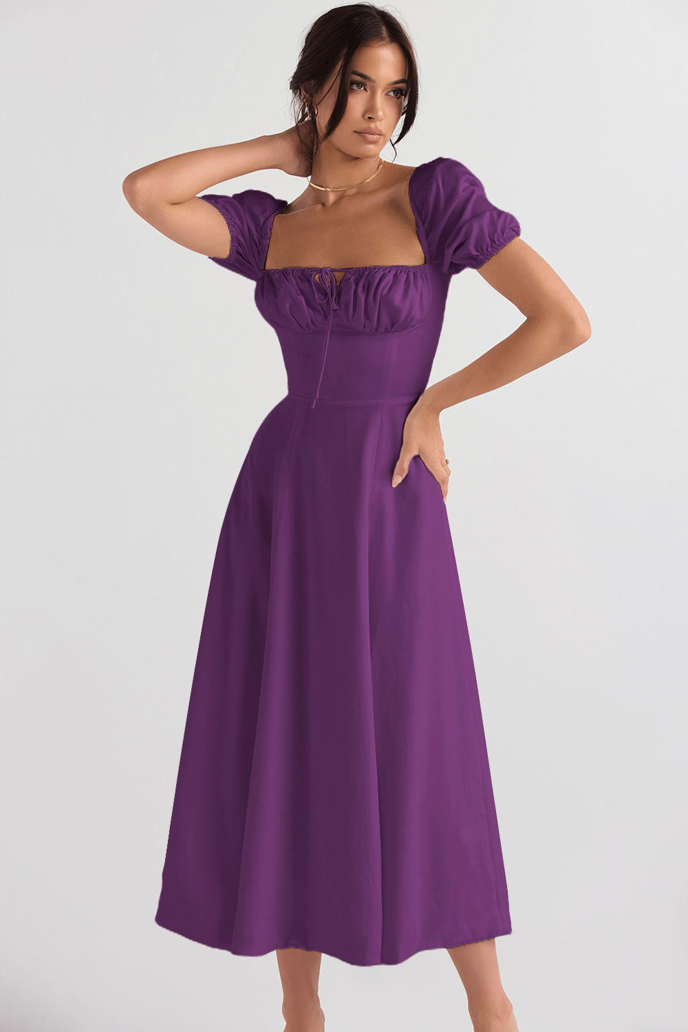Damen Elegantes Midikleid Puffärmel Raffinierter Ausschnitt Norvielle