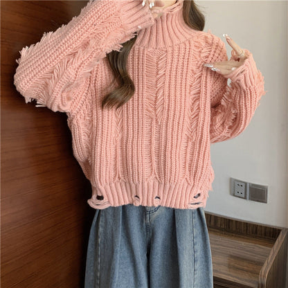 Damen Grobstrickpullover Hochkragen Fransen Norvielle