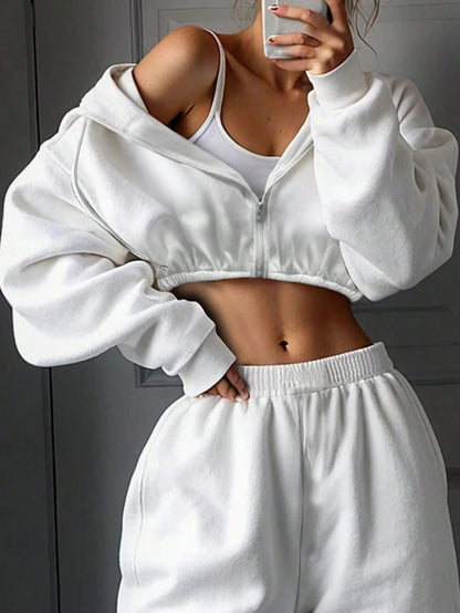 Damen Sportswear Set Cropped Sweatshirt High-Waist Jogginghose Grau