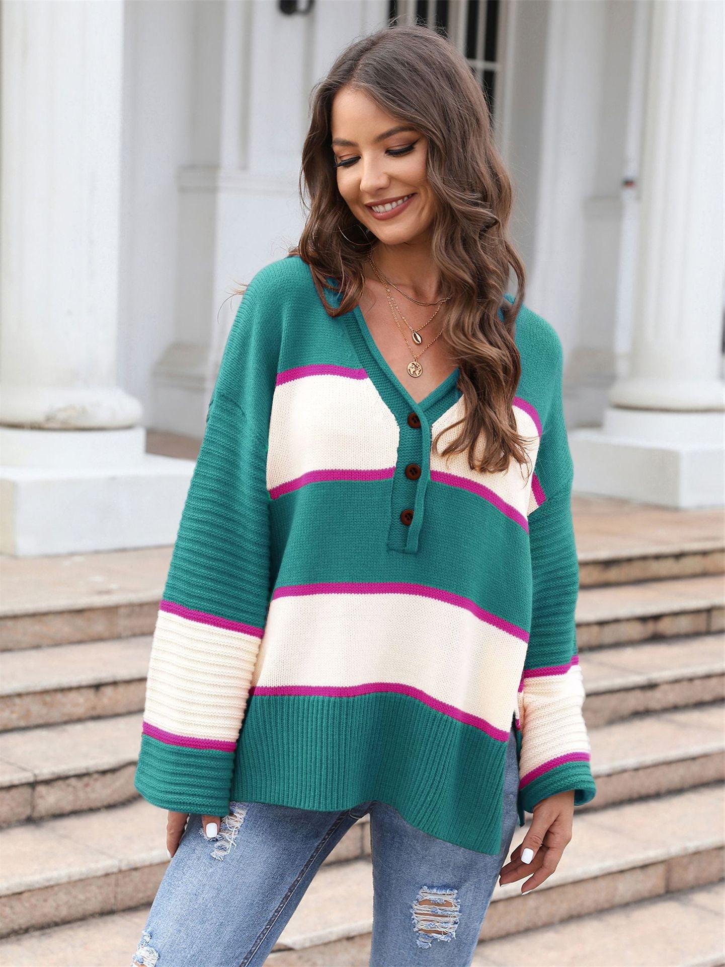 Damen Strickpullover Lässig Knopfleiste Norvielle