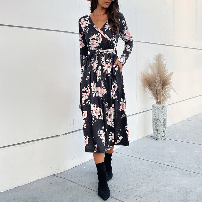 Damen Wickelkleid Florale Rüschen Elegante Ärmel