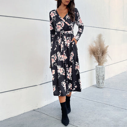 Damen Wickelkleid Florale Rüschen Elegante Ärmel