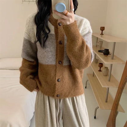 Damen Grobstrickjacke Knöpfe Farbblockdesign