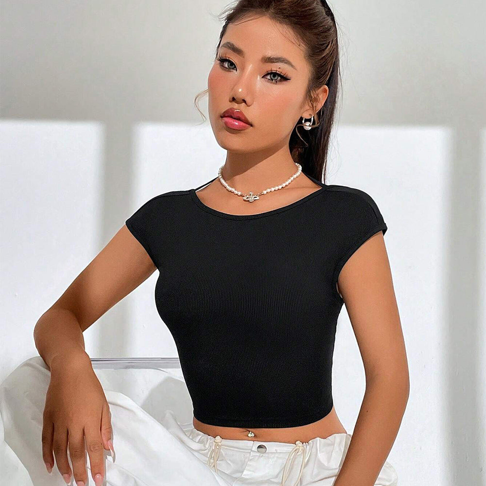 Damen T-Shirt Rundhals Cropped Rippdesign Weiß Norvielle