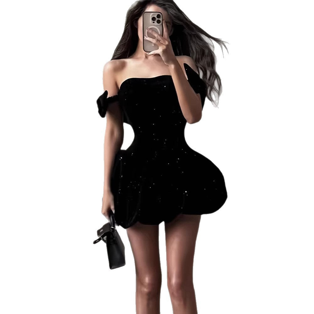 Damen Cocktailkleid Schulterfrei Glitzernd Voluminöser Rock