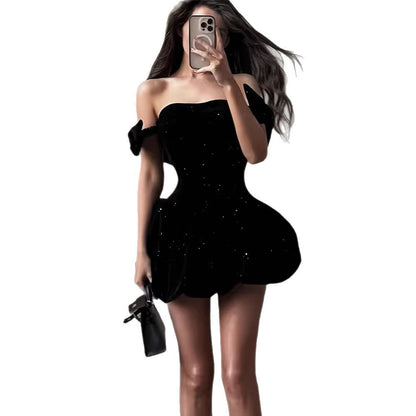Damen Cocktailkleid Schulterfrei Glitzernd Voluminöser Rock