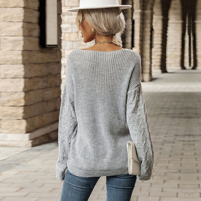 Damen Strickpullover V-Ausschnitt Strukturiert Grau