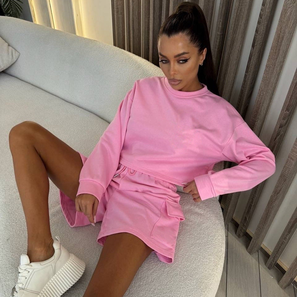 Damen Freizeitanzug Oversized Sweatshirt Kurze Hose Grau