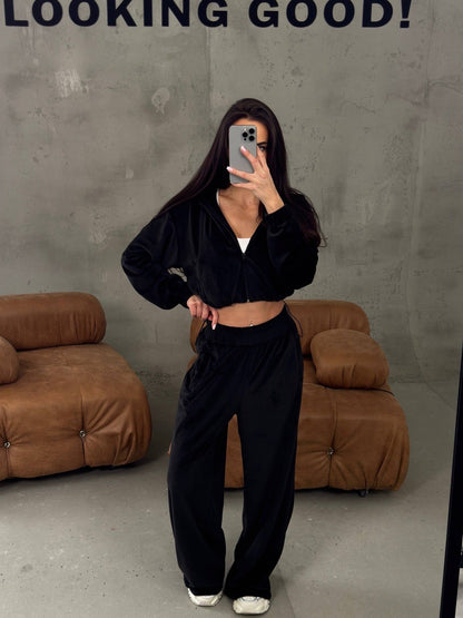 Damen Velours-Loungewear-Anzug Cropped Oberteil Weite Hose Norvielle