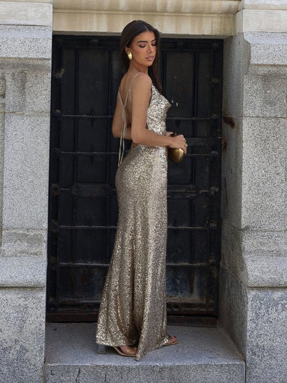 Damen Abendkleid tiefes Rückendesign schimmerndes Material Norvielle