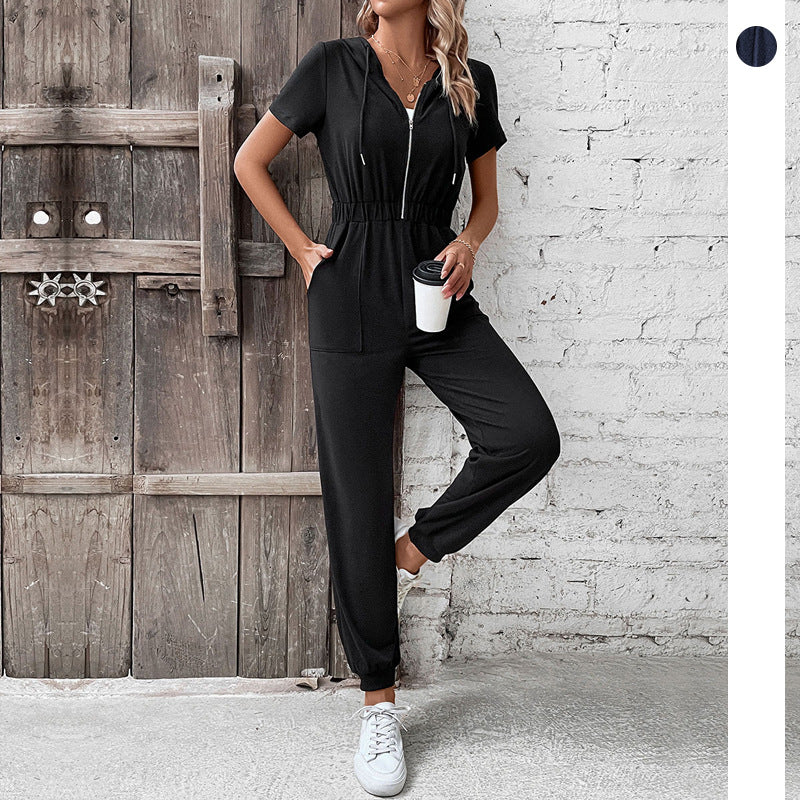 Damen Kapuzen-Jumpsuit elastisch mit Taschen Schwarz Norvielle - Norvielle