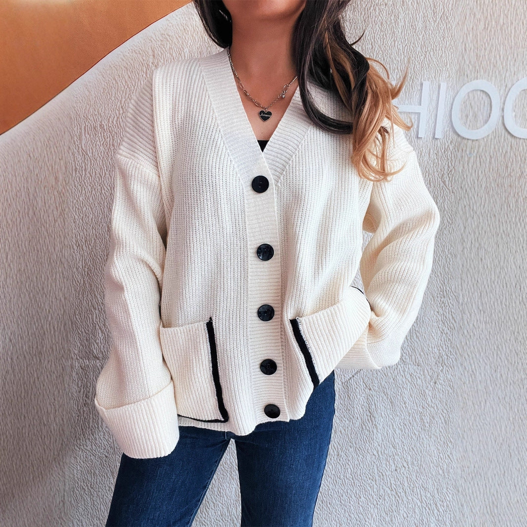 Damen Strickcardigan Weich V-Ausschnitt Große Taschen Beige - Norvielle