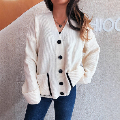 Damen Strickcardigan Weich V-Ausschnitt Große Taschen Beige - Norvielle