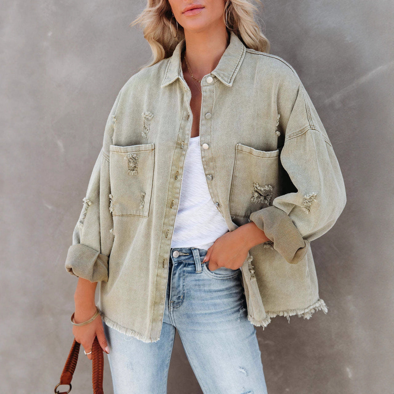 Damen Oversized Denimjacke Fransensäume Knopfdesign