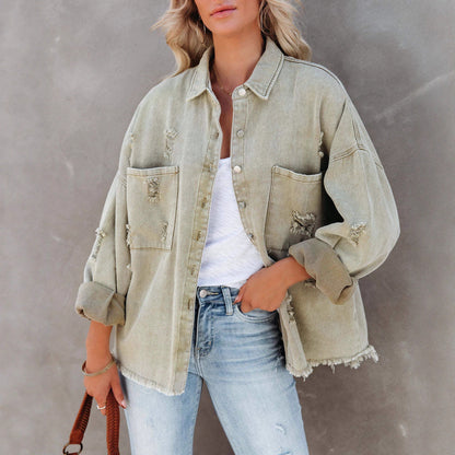 Damen Oversized Denimjacke Fransensäume Knopfdesign