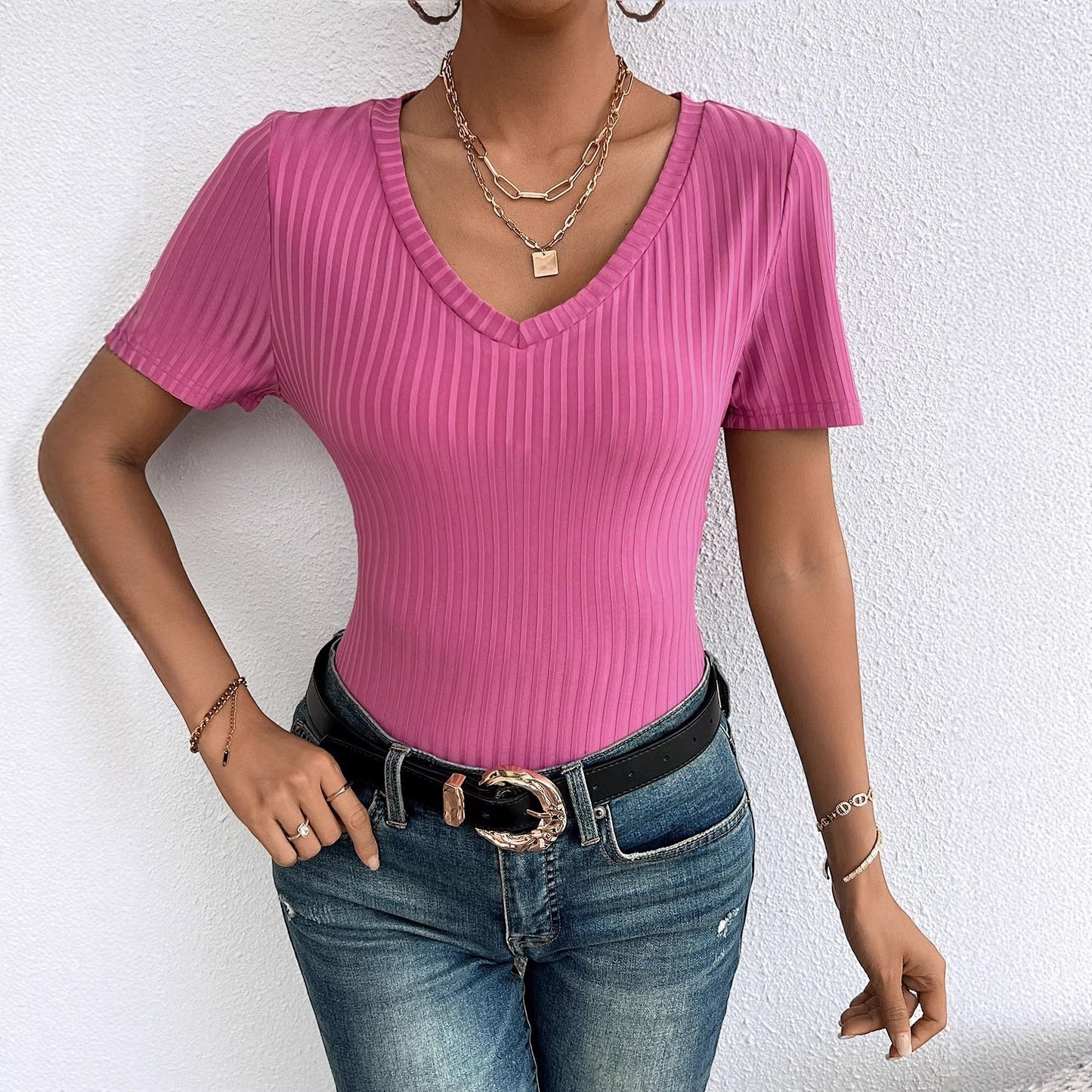 Damen Kurzarmshirt V-Ausschnitt Rippstruktur Norvielle
