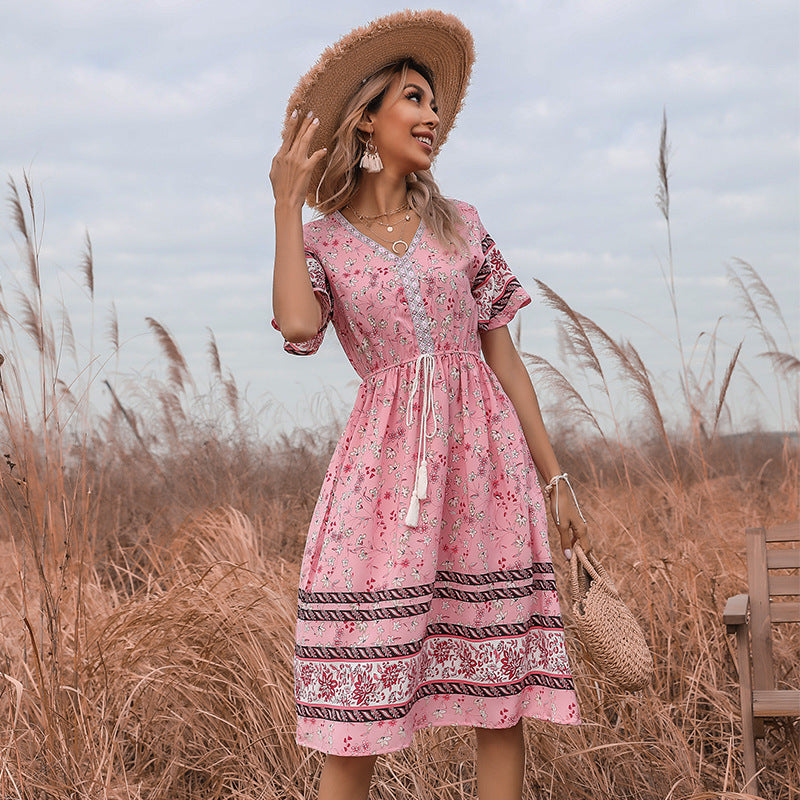 Damen Sommerkleid Boho Floralmuster Verspielte Taille - Norvielle