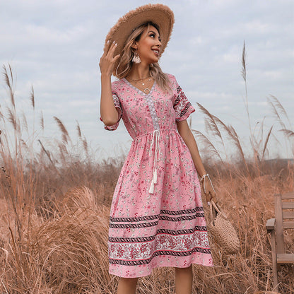 Damen Sommerkleid Boho Floralmuster Verspielte Taille - Norvielle