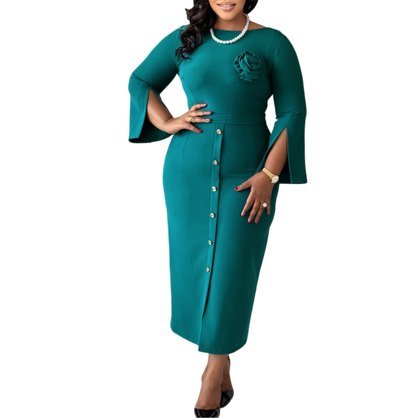 Damen Midikleid mit Knopfverschluss und floralem Muster